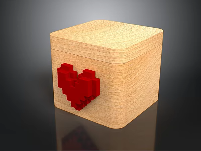 Wooden Cube Decorative Box With Red Pixel Heart Design For Home Use 3d model