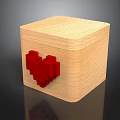 Wooden Cube Decorative Box With Red Pixel Heart Design For Home Use