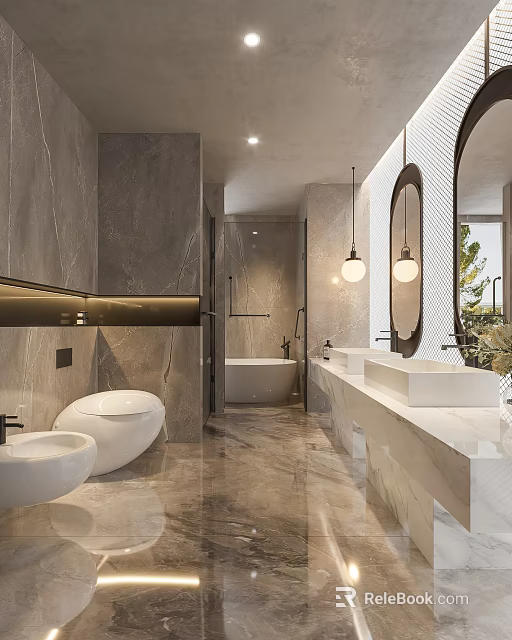 Elegant Modern Bathroom Interior With Marble Tiles Double Sinks Round Mirror Bathtub And Pendant Lights 3d model 