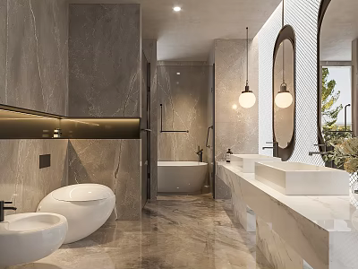 Elegant Modern Bathroom Interior With Marble Tiles Double Sinks Round Mirror Bathtub And Pendant Lights 3d model