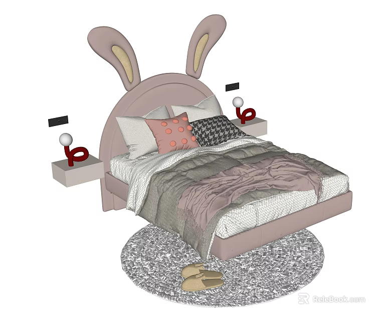 Pink Kids Bed with Rabbit Ear Headboard Pillows Quilt Side Tables Lamps Rug and Slippers 3d model 