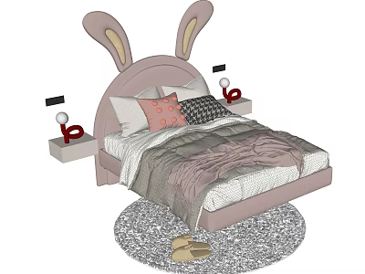 Pink Kids Bed with Rabbit Ear Headboard Pillows Quilt Side Tables Lamps Rug and Slippers 3d model