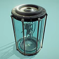 Transparent Cylindrical Glass Container With Humanoid Creature Green Glowing Ring And Metal Frame