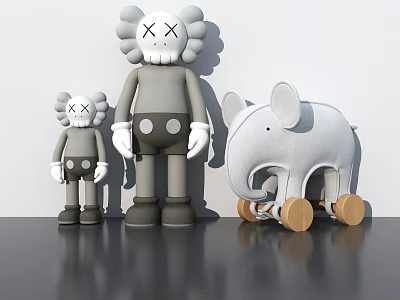 Adorable Grey Stuffed Plush Dolls Humanoid Figures And Elephant Toy With Wooden Wheels 3d model
