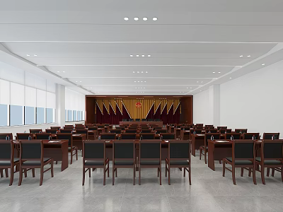 Formal Conference Room Interior With Neatly Arranged Tables Chairs And Backdrop Curtain 3d model