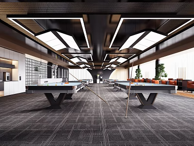 Modern Spacious Billiard Room Interior With Multiple Pool Tables Gray Carpet And Lighting Design 3d model