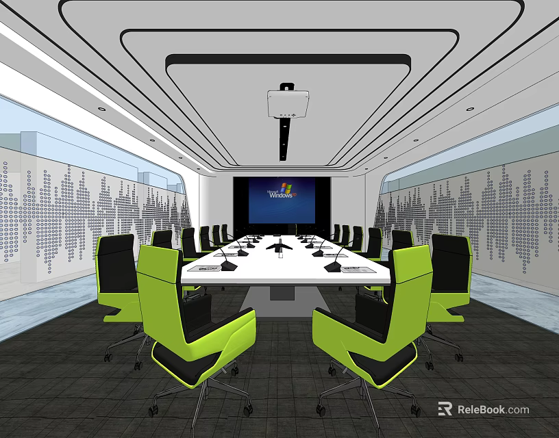 Modern Conference Room Interior With Long Table Green Black Chairs Large Screen And Projector 3d model 