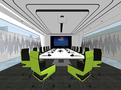 Modern Conference Room Interior With Long Table Green Black Chairs Large Screen And Projector 3d model