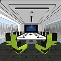 Modern Conference Room Interior With Long Table Green Black Chairs Large Screen And Projector