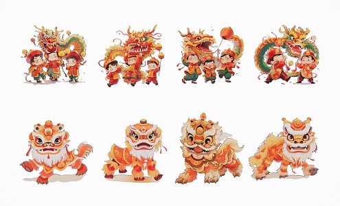 Dragon and Lion Cartoon Dance 3d model