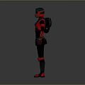 3D Character Model In Black Red Costume With Green Helmet Backpack And Red Knee Pads