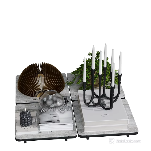 Elegant Decorative Ornament Set With Fan Shaped Glass Sphere Candle Holder White Candles And Books 3d model 