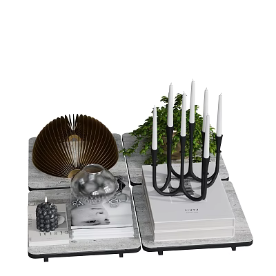Elegant Decorative Ornament Set With Fan Shaped Glass Sphere Candle Holder White Candles And Books 3d model