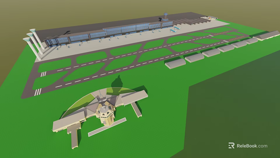 Airport Terminal Building Design With Large Glass Facade Road Layout And Airplane Model 3d model 