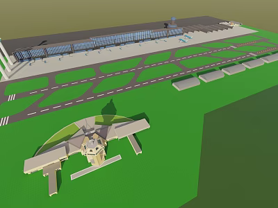 Airport Terminal Building Design With Large Glass Facade Road Layout And Airplane Model 3d model