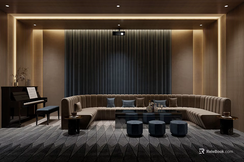 Modern Home Theater Room With L Shaped Sofa Pillows Piano And Geometric Rug 3d model 