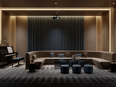 Modern Home Theater Room With L Shaped Sofa Pillows Piano And Geometric Rug 3d model