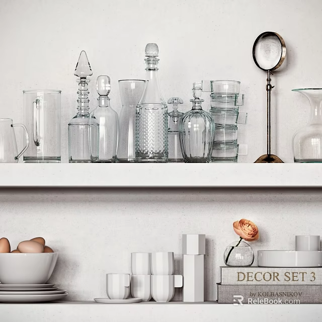 Elegant Dinnerware Set with Glassware Pieces Displayed on White Shelf and Decorative Items 3d model 