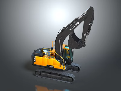 Volvo Yellow Black Excavator With Tracked Chassis And Hydraulic Arm 3d model