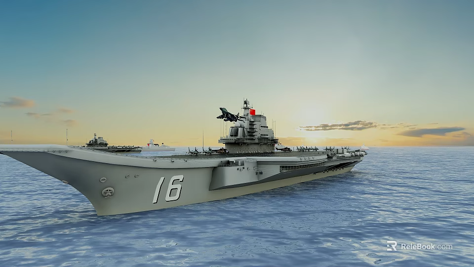 Large Aircraft Carrier With Hull Number 16 Sailing On Sea Surface Under Sunset Sky 3d model 