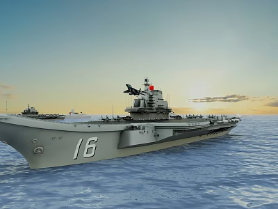 Large Aircraft Carrier With Hull Number 16 Sailing On Sea Surface Under Sunset Sky 3d model