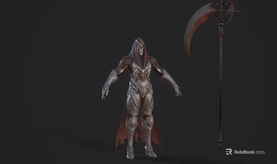Hooded Game and Movie Character in Dark Fantasy Armor With Giant Scythe 3d model 