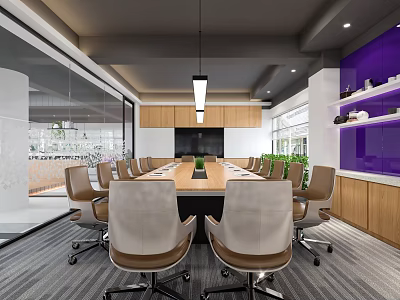 Modern Conference Room Interior With Long Wooden Table Leather Chairs Purple Accent Wall And Natural Light 3d model