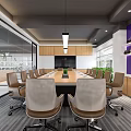 Modern Conference Room Interior With Long Wooden Table Leather Chairs Purple Accent Wall And Natural Light