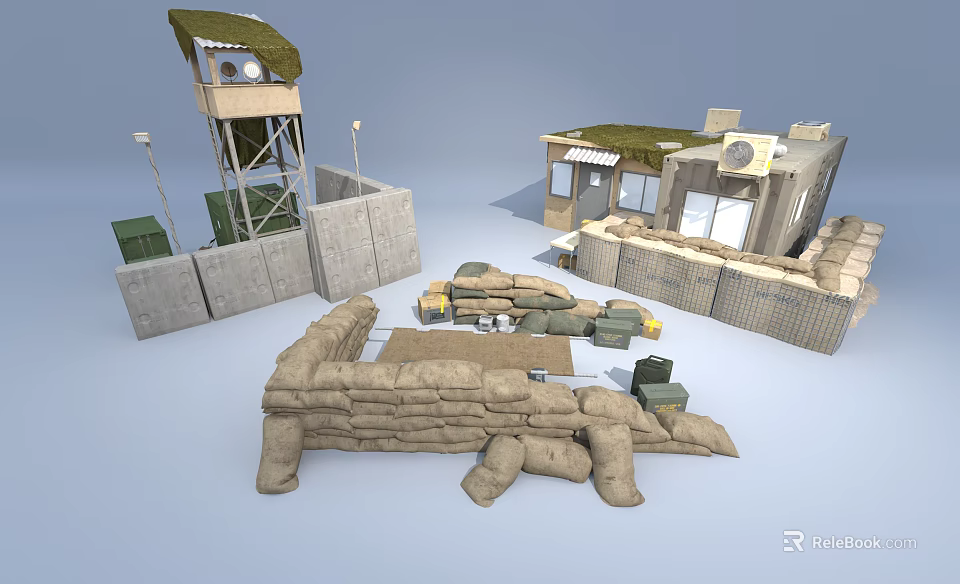 Military Weapons Display Featuring Sandbags Watchtower Barriers Ammunition Boxes And Military Structures 3d model 