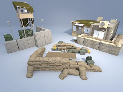 Military Weapons Display Featuring Sandbags Watchtower Barriers Ammunition Boxes And Military Structures 3d model