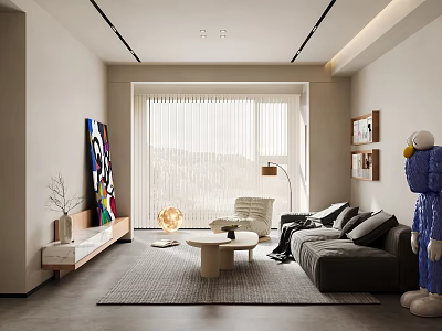 Modern Living Dining Area Interior Design With Gray Sofa Coffee Table And Decorative Artwork 3d model