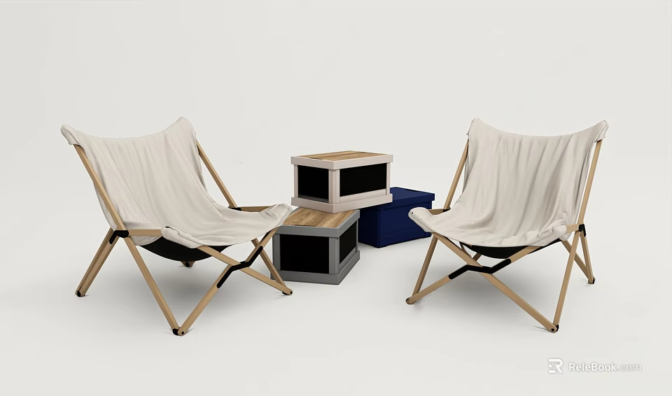 Foldable White Canvas Outdoor Chairs with Natural Wooden Frames and Stacked Storage Boxes 3d model 
