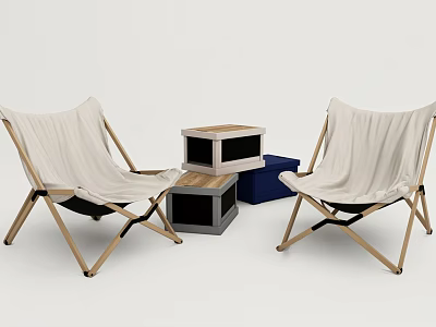 Foldable White Canvas Outdoor Chairs with Natural Wooden Frames and Stacked Storage Boxes 3d model
