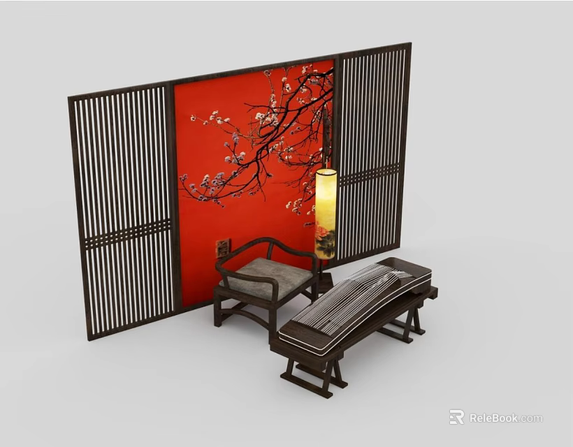 Chinese Style Musical Instruments and Painting Supplies with Red Plum Blossom Screen and Classic Furniture 3d model 