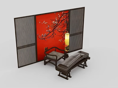 Chinese Style Musical Instruments and Painting Supplies with Red Plum Blossom Screen and Classic Furniture 3d model