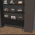 Stylish Designer Bags Displayed on Black Shelves With Various Patterns and Colors