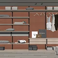 Modern Walk in Closet Design With Wooden Shelves Hanging Clothes Folded Clothes And Storage Boxes