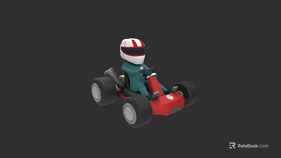 Cartoon Go Kart With Red Body And Driver In Red White Helmet 3d model 