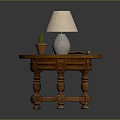 Small Wooden Table With Table Lamp Potted Plant And Hammer On Top