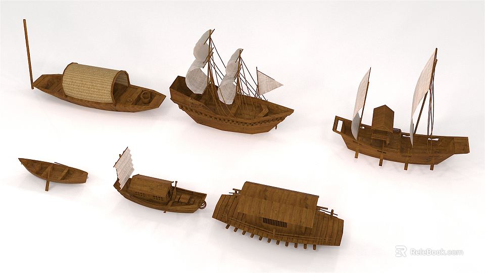 Wooden Boat Models With Various Styles Including Sails And Roofs On 3d model 