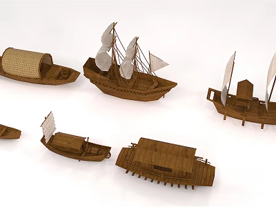 Wooden Boat Models With Various Styles Including Sails And Roofs On 3d model