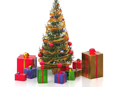 Christmas Decorative Ornament Set With Decorated Tree And Colorful Gift Boxes 3d model