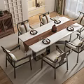 Chinese Style Wooden Dining Table Set With Six Chairs Table Runner Plates And Wine Glasses
