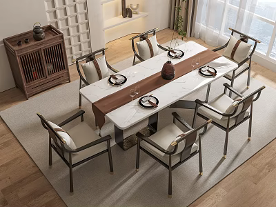Chinese Style Wooden Dining Table Set With Six Chairs Table Runner Plates And Wine Glasses 3d model