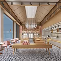 Cozy Dessert Shop Interior With Wooden Ceiling Pink Chairs Display Counters And Chandelier