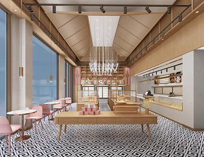 Cozy Dessert Shop Interior With Wooden Ceiling Pink Chairs Display Counters And Chandelier 3d model