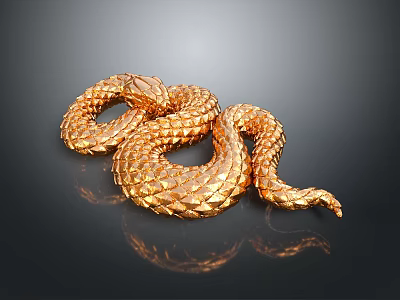Coiled Golden Scaled Reptile Snake On Dark Background With Shiny Reflection 3d model