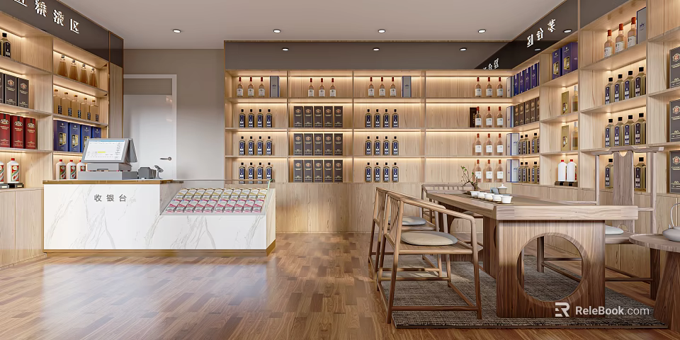 Liquor Store Interior Design With Wooden Shelves Alcohol Bottles Counter And Tables 3d model 