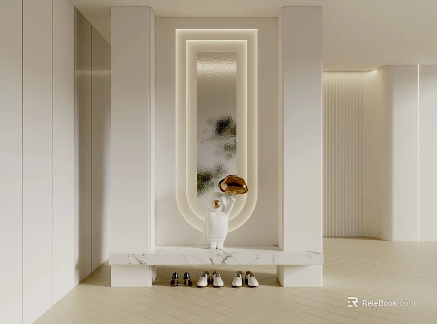 Modern Foyer Hallway With Ambient Lighting Sculpture Marble Console And Shoe Storage 3d model 