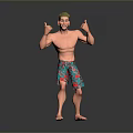 A Shirtless Man In Red Flower Pattern Shorts Giving Thumbs Up On Grey Reflective Floor